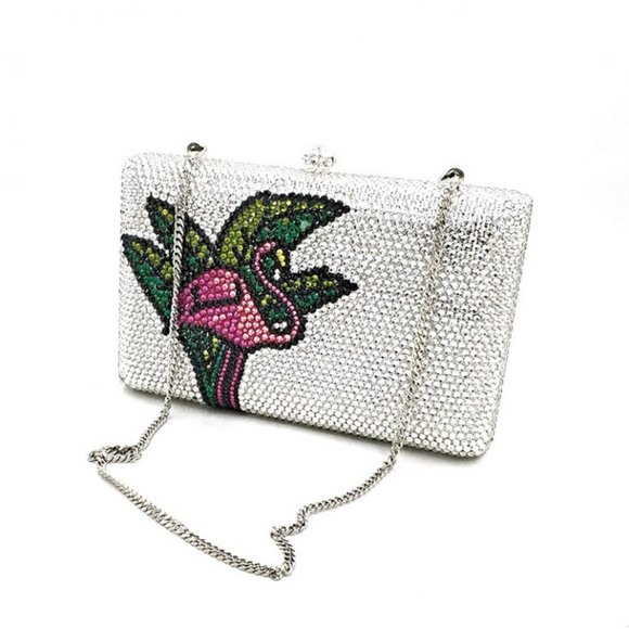 Pink Flamingo and Palm Leaves Crystal Clutch Purse - Picture 2 of 6